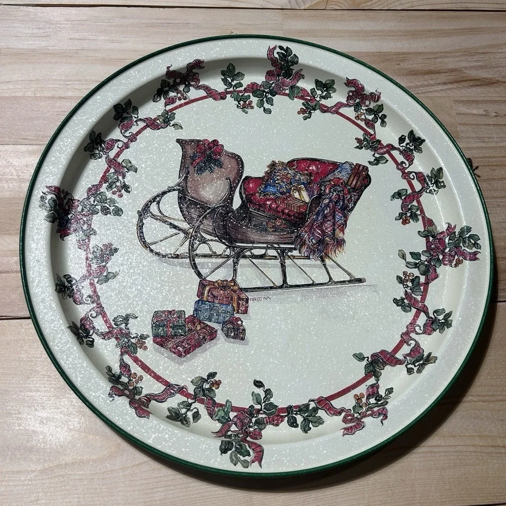 Vtg 1992 Potpourri Press Holiday Metal Round Tray Sleigh Holly‎ Gifts Christmas